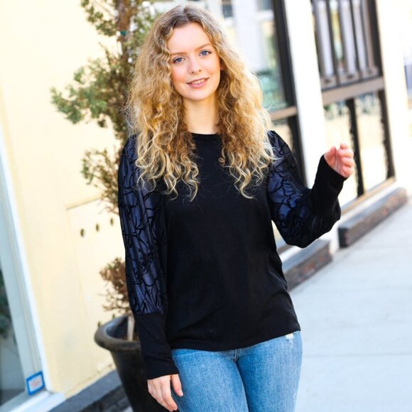 New  Black Floral Mesh Bubble Sleeve Top - 1X, 2, & 3X - Picture 1 of 8